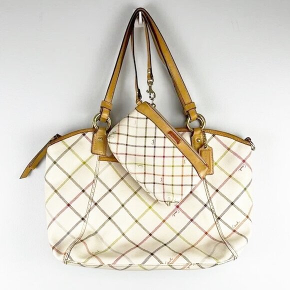 Coach Peyton Tattersall Cream Plaid Tote Bag & Matching Wristlet Set F21924 - Picture 1 of 16